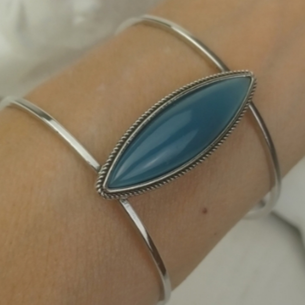 Sterling Silver-Like Turquoise-Blue Minimalist Stone Cuff Bracelet